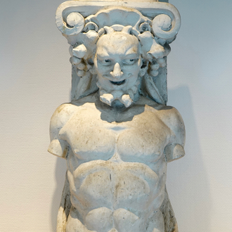 A plaster cast of an atlas or telamon, 19/20th C., Bruges
