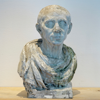 A plaster cast of a bust of a Roman emperor, 19/20th C., Bruges