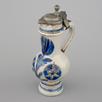 A Westerwald stoneware pewter-mounted jug with floral decoration, 17th C.