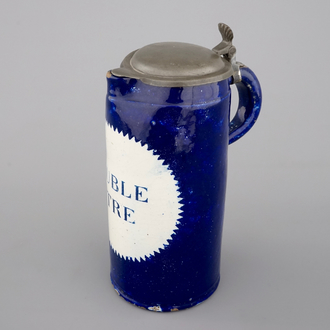 A tall Brussels faience double liter pewter-mounted beer stein, ca. 1800