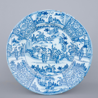 A massive blue and white chinoiserie dish, probably Frankfurt Delftware, 17th C.