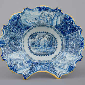 A fine Dutch Delft blue and white shaving basin with a biblical scene and dated 1803