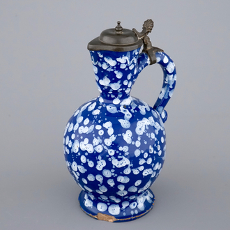 A rare Nevers pewter-mounted jug in "Bleu Persan" style, 17th C.