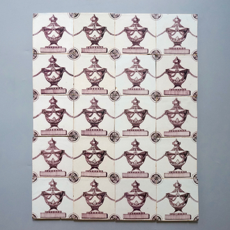 A set of 24 unusual Dutch Delft manganese tiles with empire style urns, late 18th C.