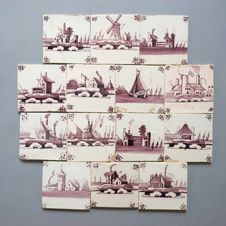 A set of 14 Dutch Delft manganese tiles with landscapes, 18th C.