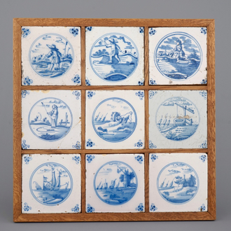 Een ingekaderd geheel van 9 blauw-witte Delftse tegels, 18/19e eeuw