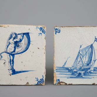 Two Dutch Delft blue and white maritime subject tiles, 17th C.