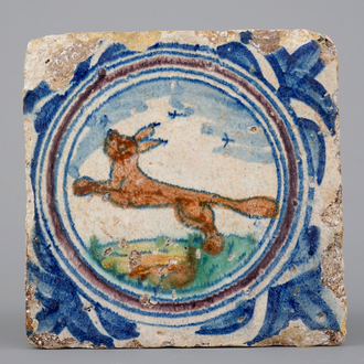 An early English Delftware medallion tile with a fox, ca. 1580