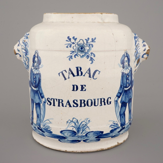 A Brussels faience tobacco jar "Tabac de Strasbourg", 18th C.
