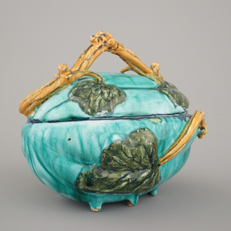A fine Brussels faience turquoise ground melon-shaped tureen and cover, 18th C.