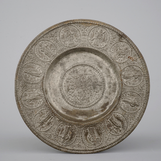 A German pewter relief plate, probably Nuremberg, early 17th C.