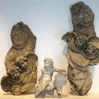 Three plaster casts of winged cherubs, 19/20th C., Bruges