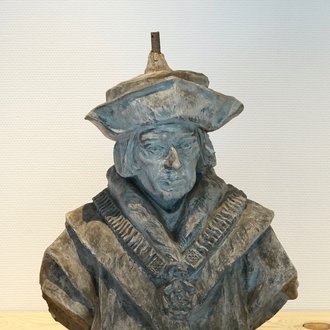 A plaster cast of a large bust of a renaissance nobleman, 19/20th C., Bruges