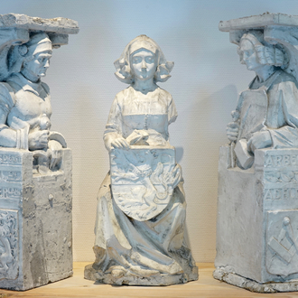 A set of three plaster casts of Flemish heraldic figures, 19/20th C., Bruges