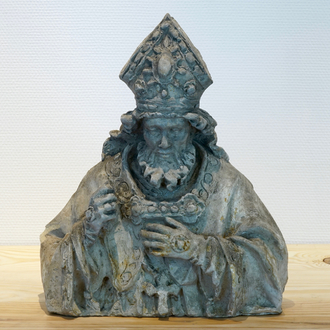A plaster cast of a cardinal's bust, 19/20th C., Bruges