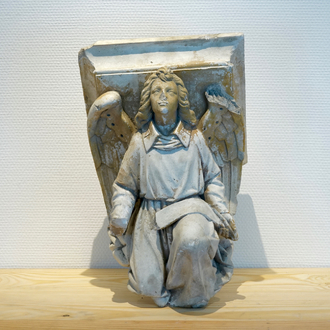 Three various plaster console with a winged angel, cherub and lion's head, 19/20th C., Bruges