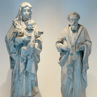 A set of two 100 cm plaster casts of religious figures, one Judas Thaddeus, 19/20th C., Bruges