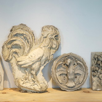 A set of four plaster casts including a cock and a pelican, 19/20th C., Bruges