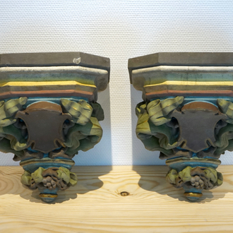 A pair of polychrome plaster consoles, 19/20th C., Bruges