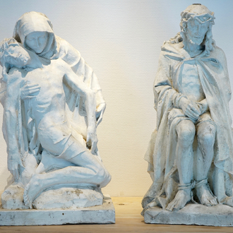Two tall 75 cm plaster casts, one of a pieta and one of Christ on the cold stone, 19/20th C., Bruges