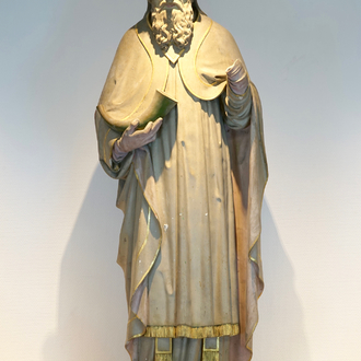 A massive 145 cm polychrome painted plaster cast of Pope Cornelius, 19/20th C., Bruges