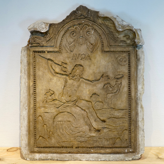 A plaster counter relief cast of a fireplace plaque inscribed AQUA, 19/20th C., Bruges