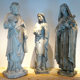 Een set van drie grote plaasteren heilige figuren, 19/20e eeuw, Brugge
