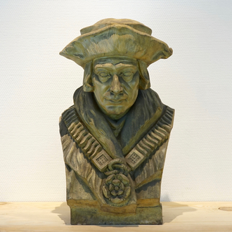 A painted carved wood bust of a nobleman, 19/20th C., Bruges