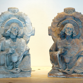 A pair of plaster cast reliefs of Christ with a chalice, 19/20th C., Bruges