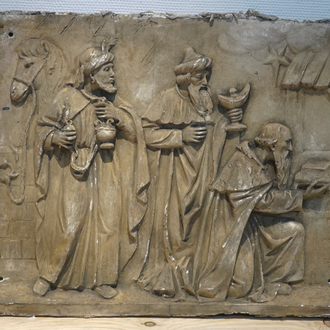 A large plaster cast of a plaque depicting "The Adoration of the Magi", 19/20th C., Bruges
