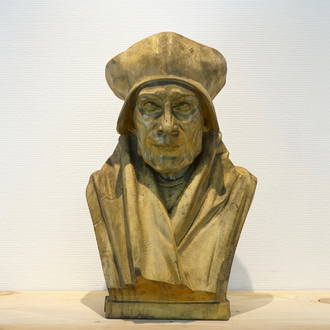 A painted carved wood bust of a nobleman, 19/20th C., Bruges