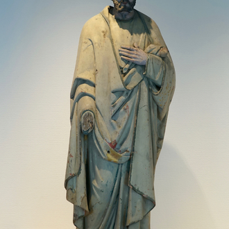 A massive sculpted wood polychrome figure of a saint, 19/20th C., Bruges