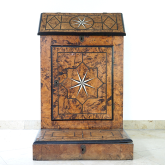 A burl veneer and inlaid bone prayer desk stool, Liege, 17/18th C.