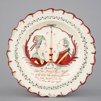 A rare Dutch-decorated English Leeds creamware royal portrait plate, 18th C.