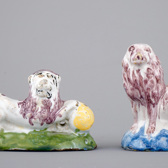 Two Dutch Delft models of a lion and a dog, 18th C.