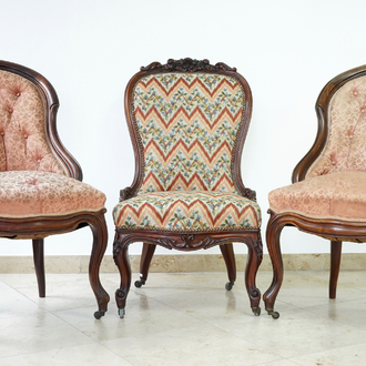 3 bergère fauteuils op wieltjes, Louis-Philippestijl, 19e eeuw