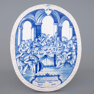 A massive dated Amsterdam Delftware plaque with "The wedding at Cana", ca. 1743
