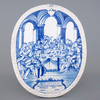 Een uitzonderlijk grote blauw-witte plaque met "De Bruiloft te Kana", Amsterdam, ca. 1743