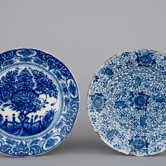Two Dutch Delft blue and white plates with fine designs, 17/18th C.