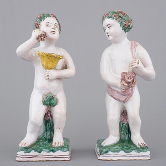 Twee figuren in Brussels aardewerk, allegorische voorstellingen van de seizoenen, 18/19e eeuw