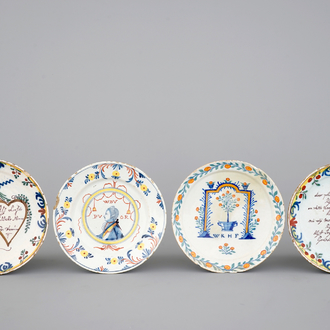 A lot of 4 polychrome Dutch Delft plates incl. a royal portrait plate, 18th C.