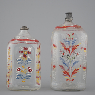 Two German painted glass flasks, 18th C.