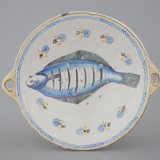 A rare polychrome Frisian Dutch Delft fish strainer, probably Makkum, 19th C.