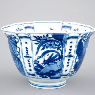 A Chinese porcelain blue and white kraak porcelain bowl or "crowcup", Wan-Li, Ming dynasty