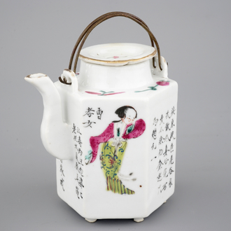 A Chinese hexagonal teapot with scenes from Wu Shuang Pu, 19th C.