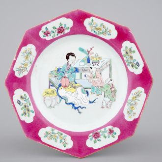 A Chinese octagonal dish with ruby border, Yongzheng, 1722-1735