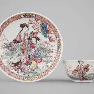 A Chinese Yongzheng cup and saucer decorated with ladies and a goat, 1722-1735