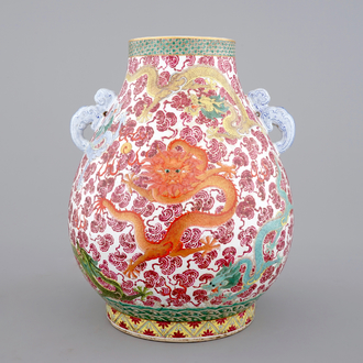 A Chinese famille rose hu-shaped dragon vase, probably Tongzhi, 19th C.