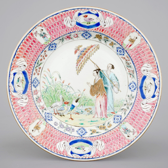 A Chinese famille rose dish after Cornelis Pronk: "Dames au parasol", ca. 1736-1738