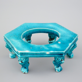 A Chinese porcelain hexagonal turquoise stand, Kangxi